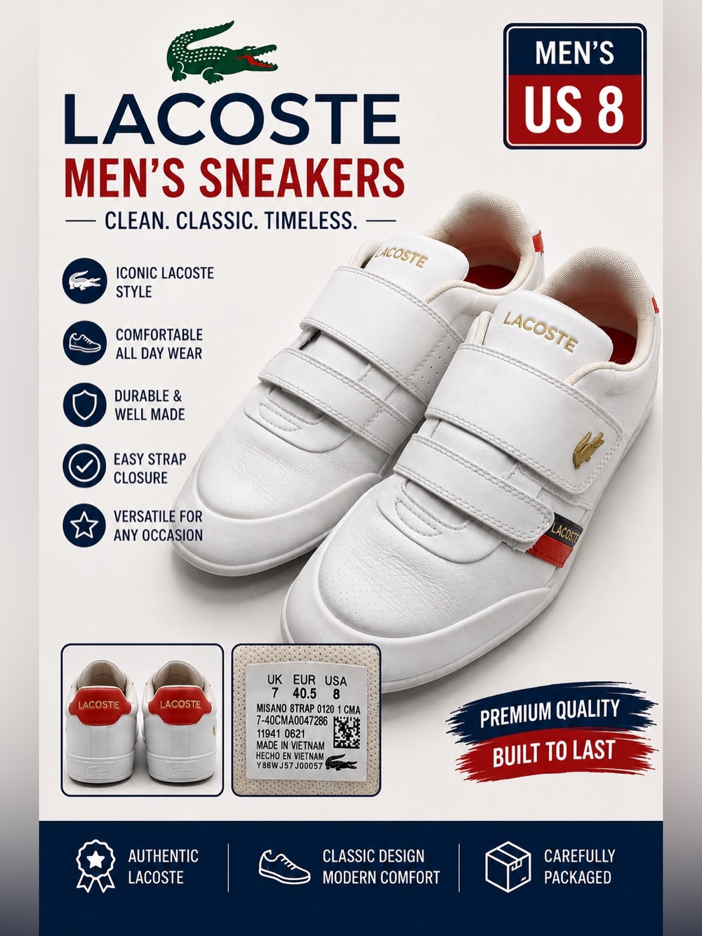 Lacoste Misano Strap Men’s Sneakers Size 8 White Leather Red Gold Double Strap